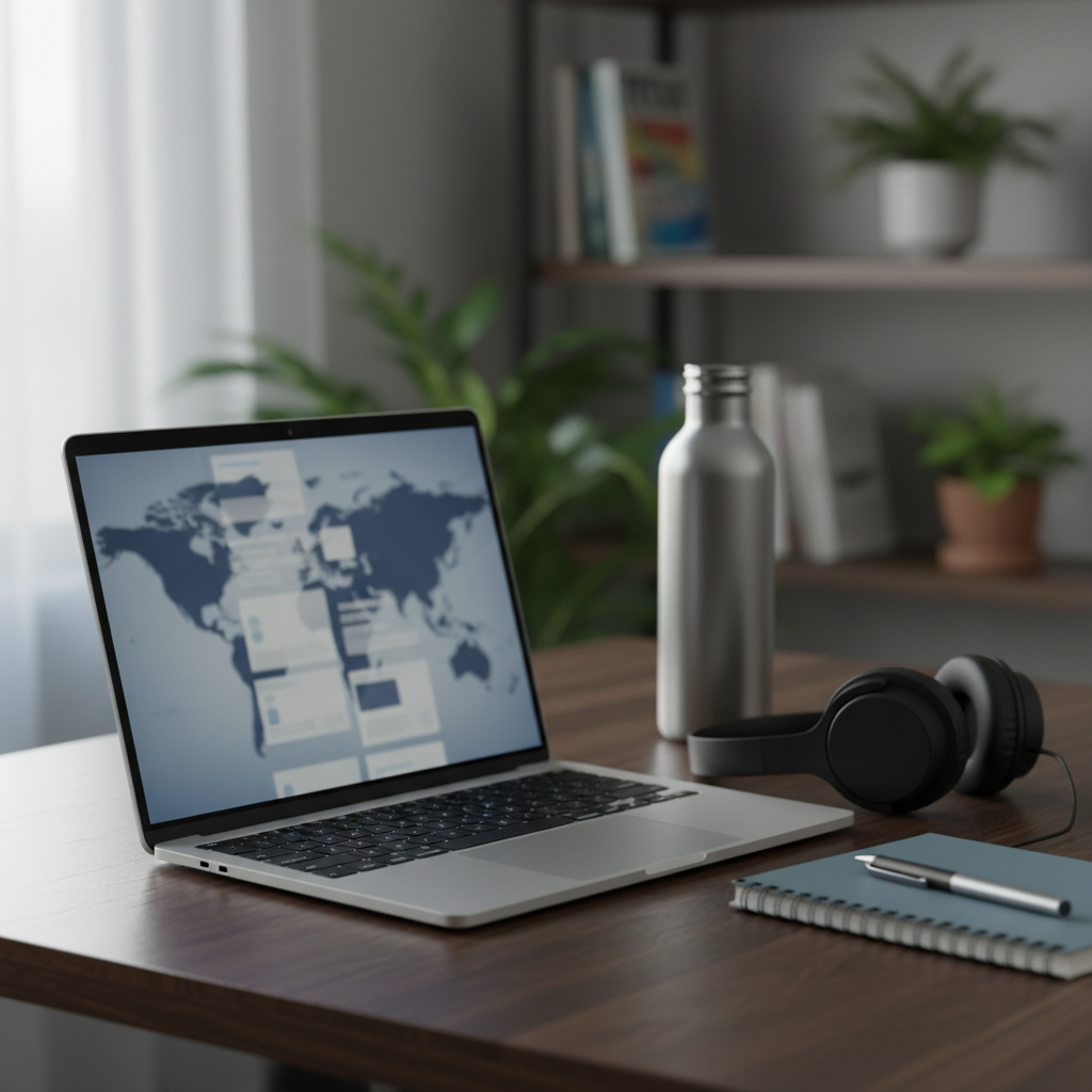 A close-up view of a modern, slim laptop on a dark wooden desk, its screen displaying a blurred, grid-like layout of article cards and a world map motif with no readable text. Beside it lie a pair of over-ear headphones, a reusable stainless steel water bottle, and a neatly stacked notebook with a pen. Soft morning light from an unseen window to the left creates a gentle gradient across the desk, highlighting the metallic edges of the laptop and the grain of the wood. The background fades into a subtle bokeh of shelves and plants. Shot from a slightly elevated three-quarter angle with shallow depth of field, the image feels intimate, focused, and modern, evoking a reader engaging deeply with trusted global news.