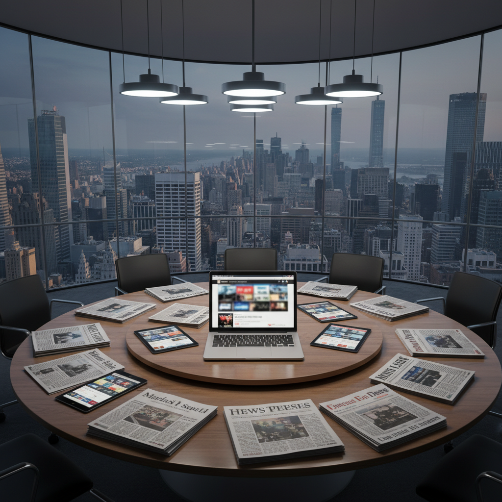 A circular wooden conference table sits in the center of a glass-walled newsroom, covered with neatly arranged international newspapers, digital tablets, and a laptop displaying a blurred news homepage without readable text. Outside the glass, city skyscrapers from different architectural styles suggest a global metropolis. Overhead, cool white pendant lights cast even, studio-like illumination, creating crisp reflections on the glass walls and soft shadows around the table’s edge. Shot from a slightly elevated angle with a wide lens, the composition emphasizes collaboration and breadth of coverage. The atmosphere is focused, professional, and cosmopolitan, rendered in photographic realism with subtle pops of color from the media devices against mostly neutral tones.