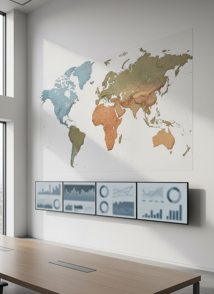 A large, detailed world map made of textured matte paper covers a clean, modern newsroom wall, each continent subtly tinted in different muted tones. Below the map, multiple sleek, frameless monitors display blurred, indistinct news dashboards and charts without any legible text. Soft, diffused daylight from high windows washes across the surfaces, creating gentle reflections on the screens and faint shadows along the wall. The scene is captured at eye level with sharp focus throughout, emphasizing clarity and professionalism. The mood is calm, analytical, and global in scope, with photographic realism and a neutral color palette that feels authoritative yet approachable, perfect for a serious global news homepage hero image.