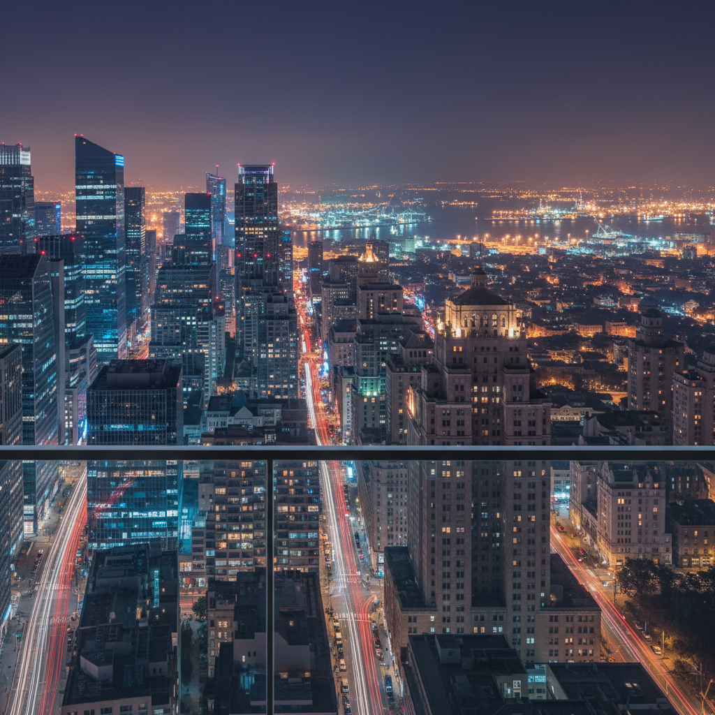 A nighttime cityscape viewed from high above, with illuminated office towers, residential buildings, and distant ports representing multiple regions of the world through varied architecture and signage that remains unreadable. In the foreground, a minimal glass balcony railing anchors the scene, catching small reflections of lights. The sky holds a faint glow from the city below, with no stars visible. Captured with a long exposure photographic style, the car headlights and streetlights form subtle light trails, suggesting constant movement and 24/7 news coverage. The composition uses the rule of thirds to position the brightest cluster of buildings off-center. The mood is vigilant and quietly intense, conveying a sense of ever‑awake global awareness without sensationalism.
